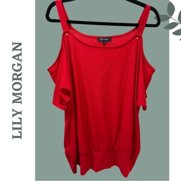 🛍️3/$40 Lily Morgan Cold Shoulder Red Women's Top with Waistband Size 3X - Picture 2 of 5